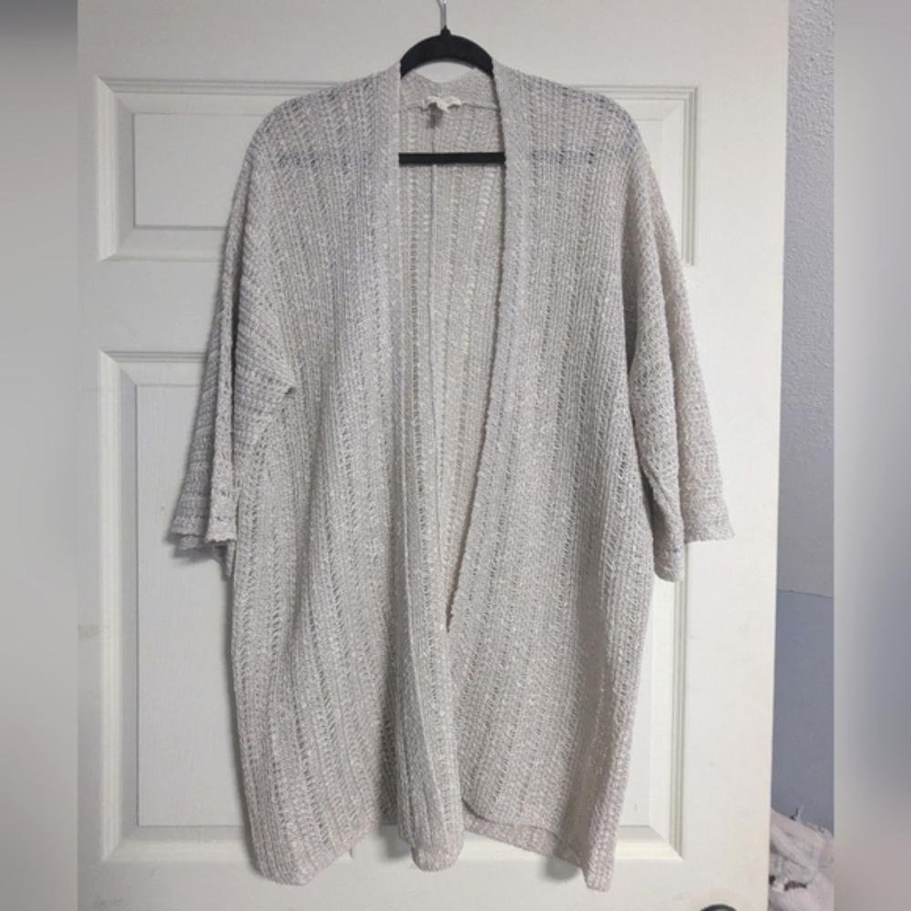 Eileen Fisher Organic Linen Cotton Grain Kimono Pebble Cardigan Open Knit